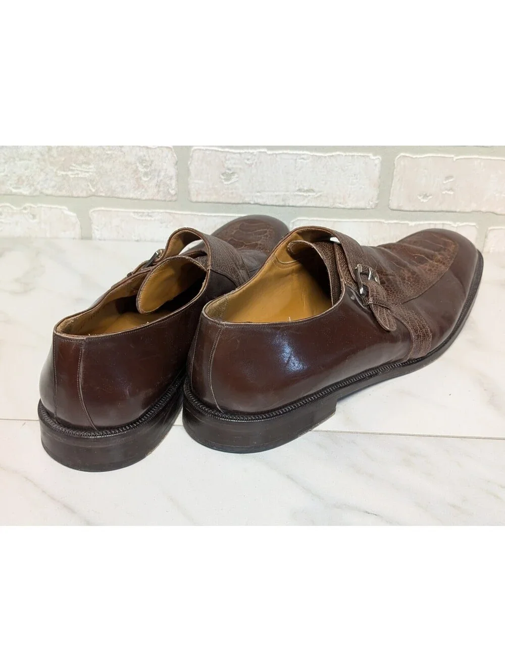 Mezlan Men's Brown Ostrich Leather Monk Strap Dress Shoes Size 16M